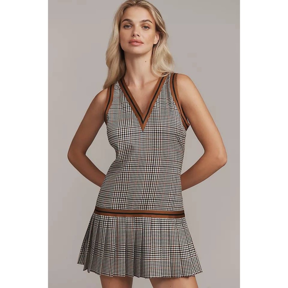 Find Me Now Glastonbury Pleated Mini Dress XL Brown Gingham Vest‎ Style Anthro